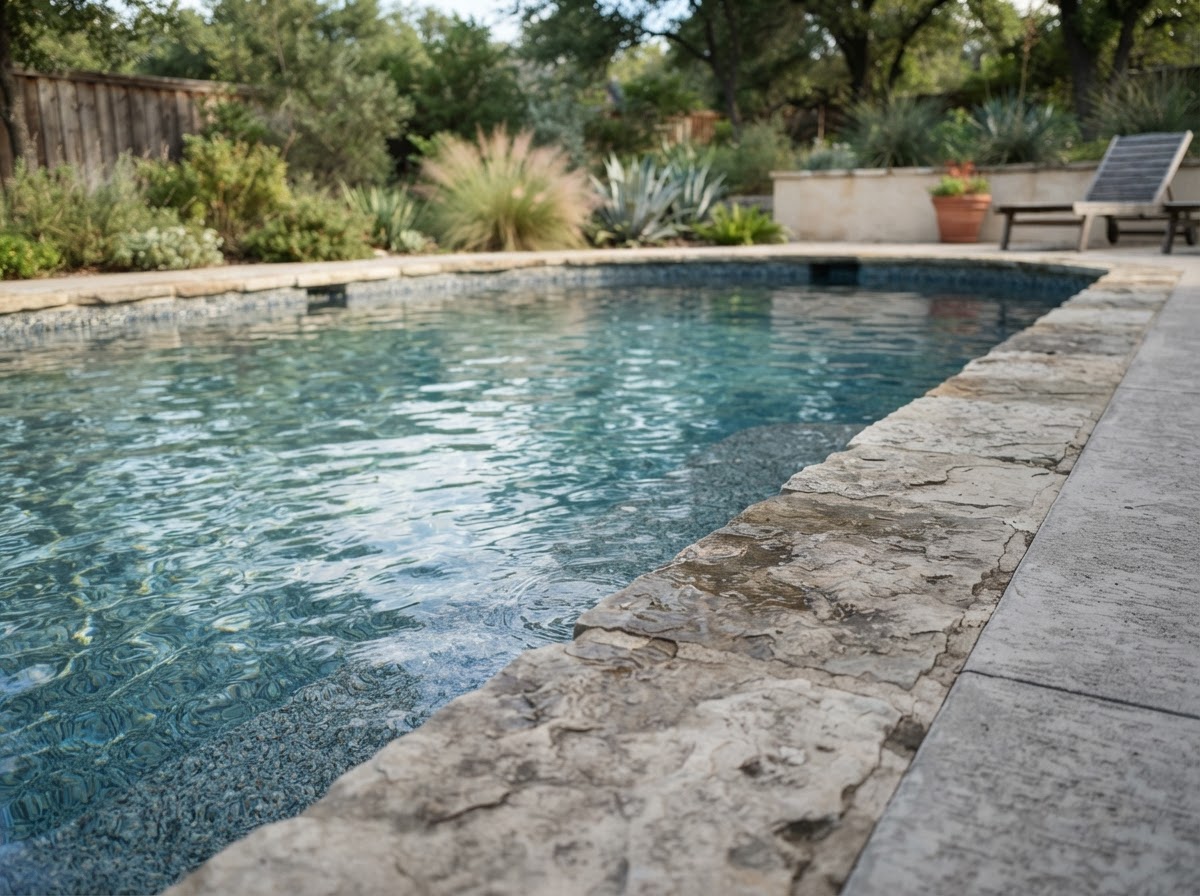 Close-up of clear residential pool water meeting textured stone coping in a North Texas backyard
