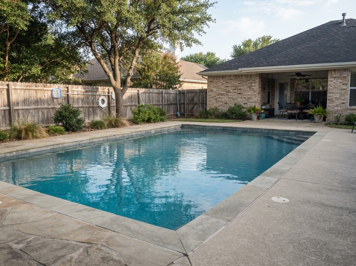 Clean residential pool with clear water and a practical deck at a North Texas home