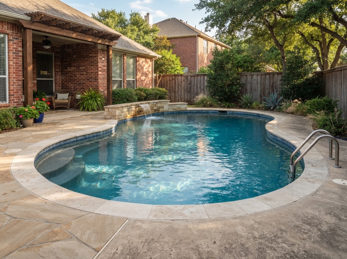 Attractive finished residential swimming pool with clean coping at a brick North Texas home