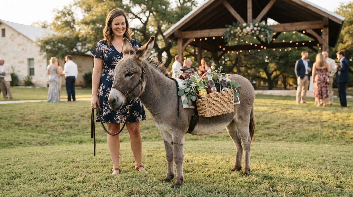 Miniature donkey at an outdoor celebration reception with modest beverage baskets