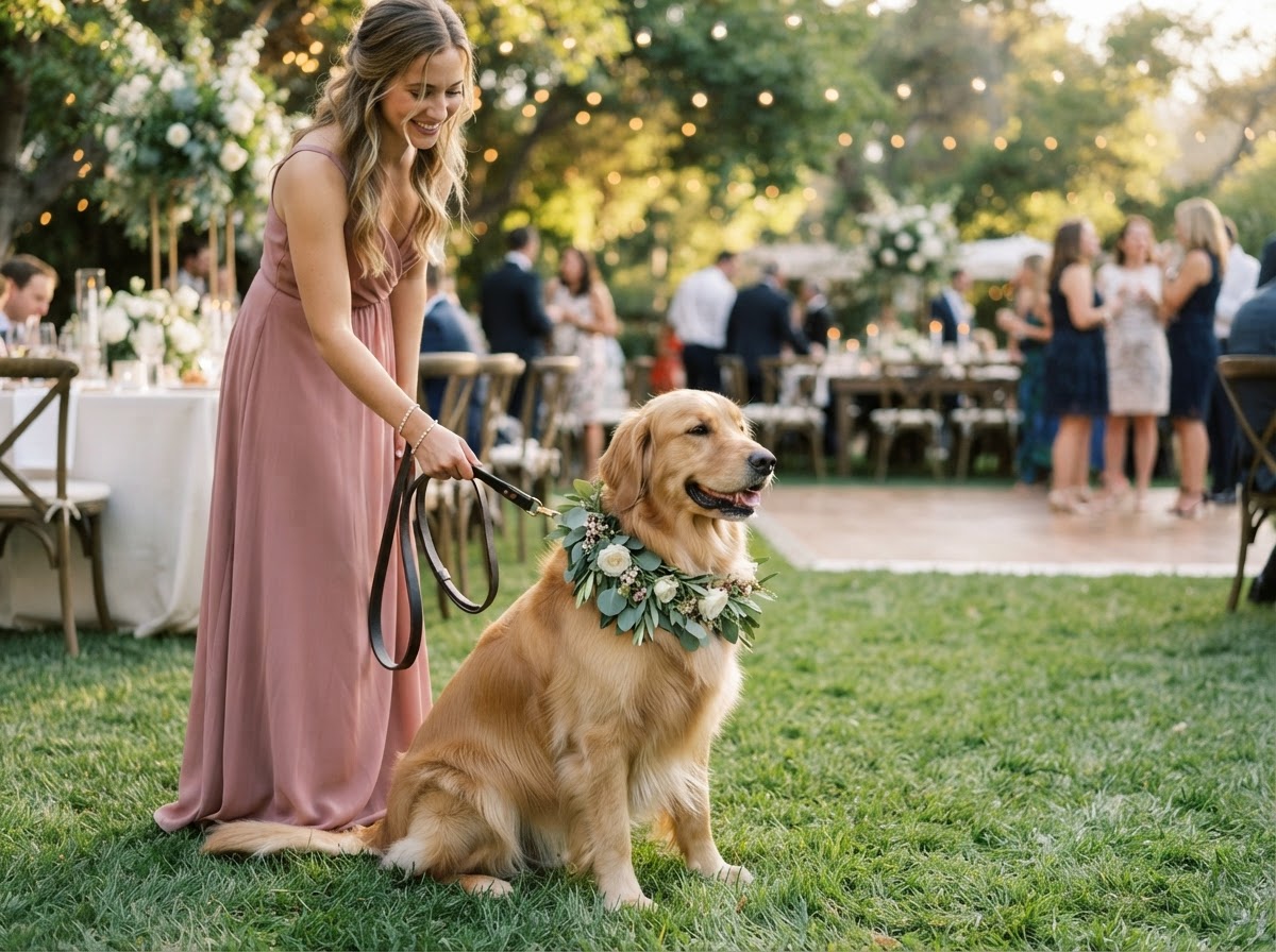 Pet attendant assisting a well-groomed dog with floral collar at an outdoor wedding celebration