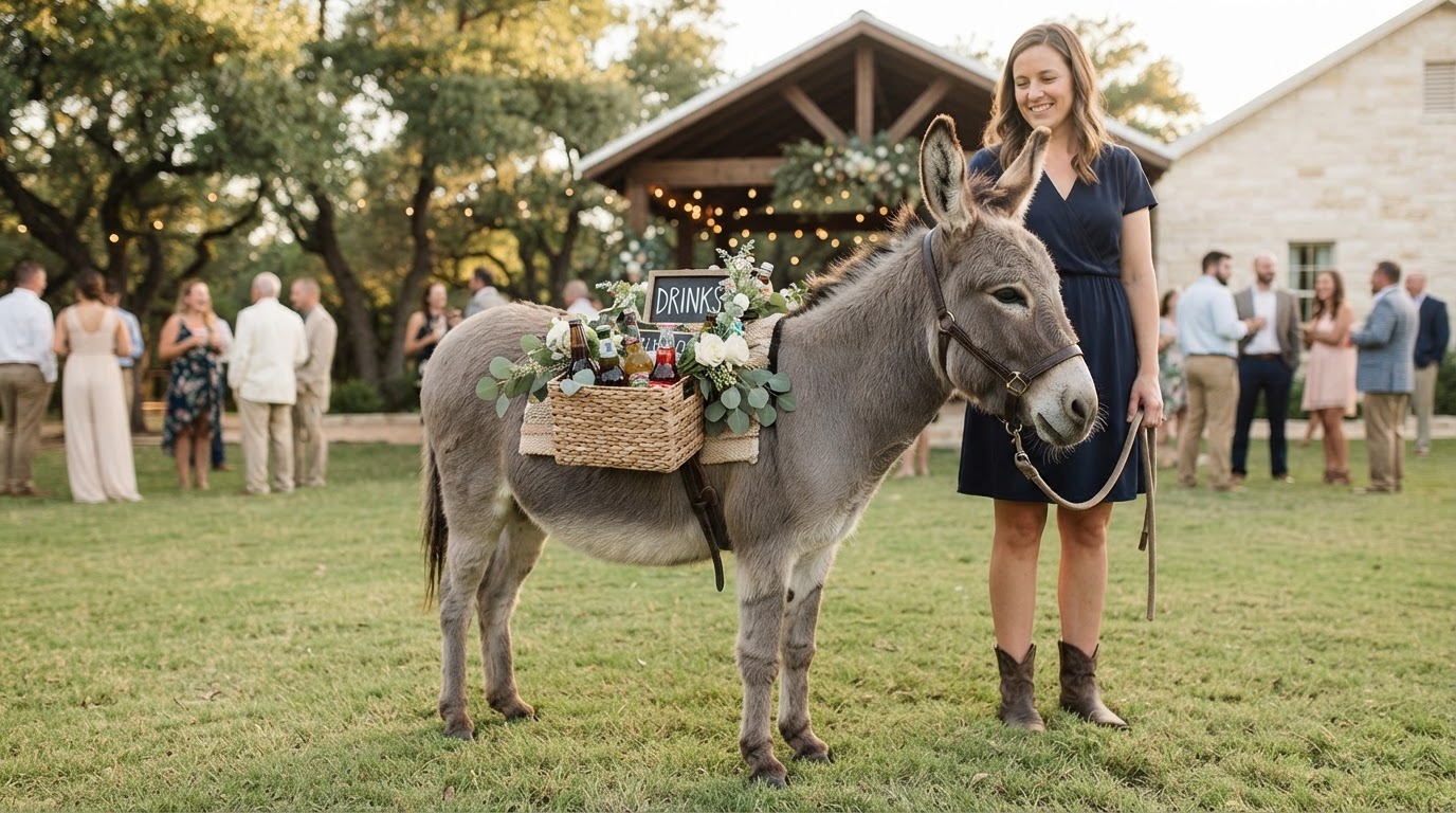 Miniature donkey at an outdoor celebration reception with modest beverage baskets