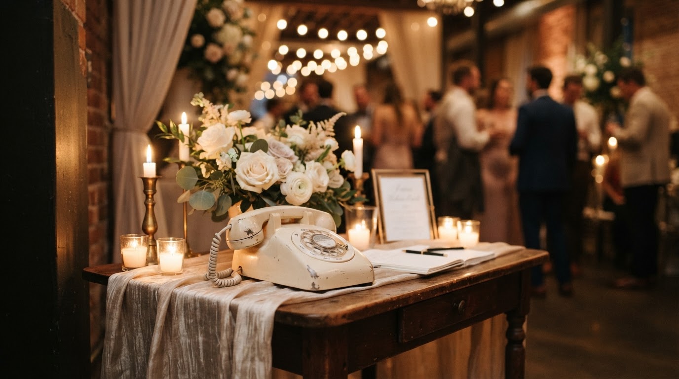Elegant guestbook station at a celebration reception