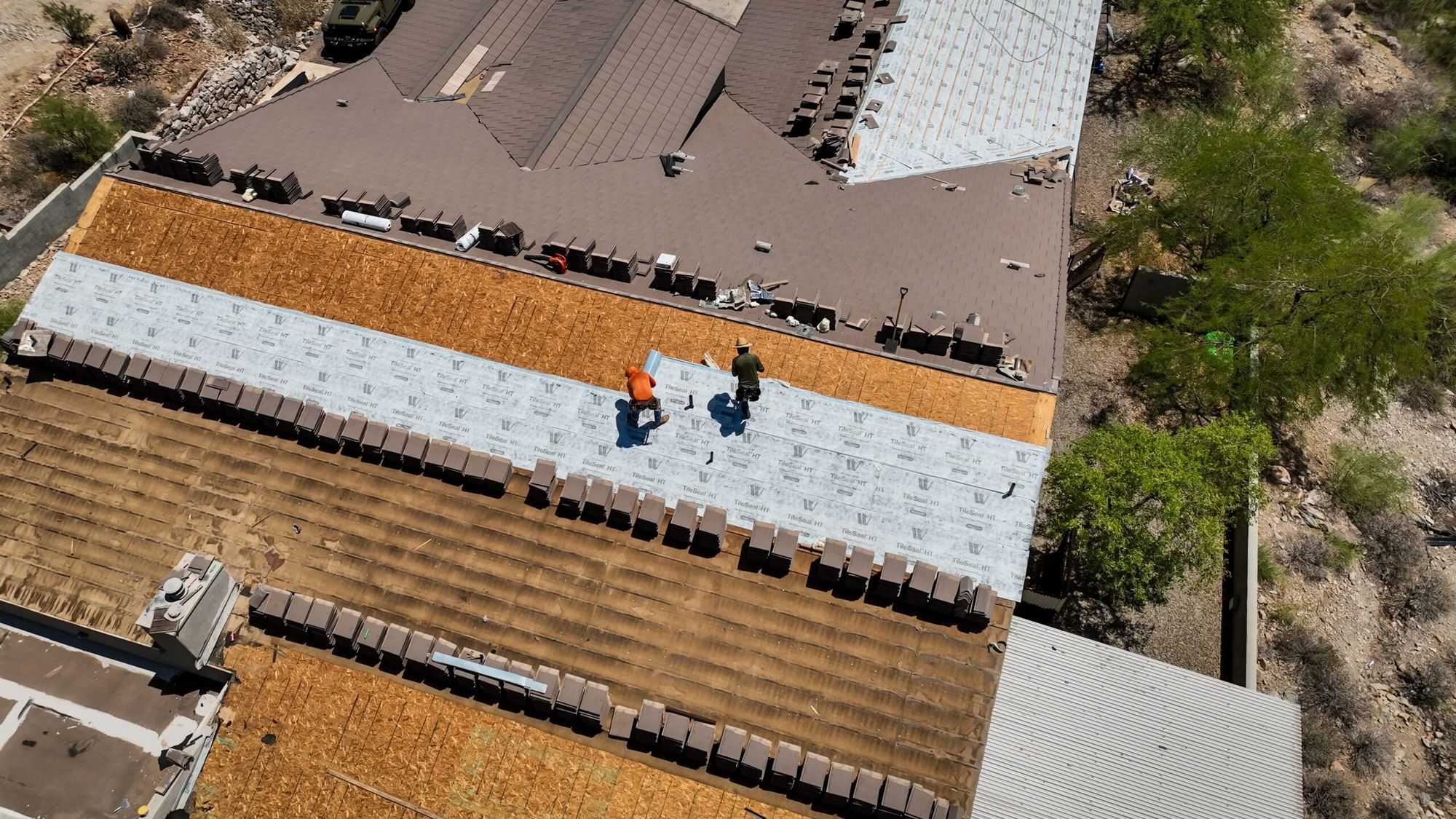Drone shot of tile staged on new underlayment