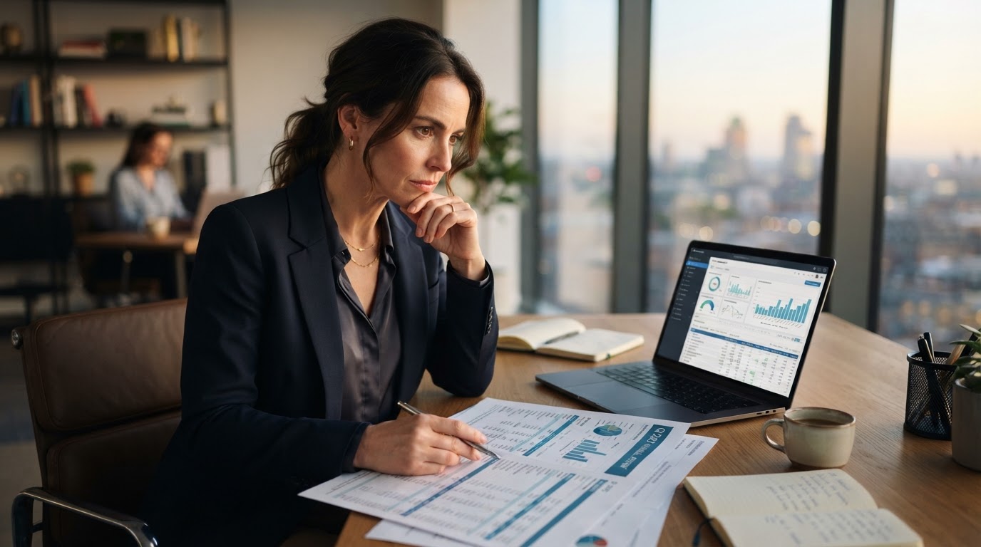 Business owner reviewing financial statements to plan ahead of year-end