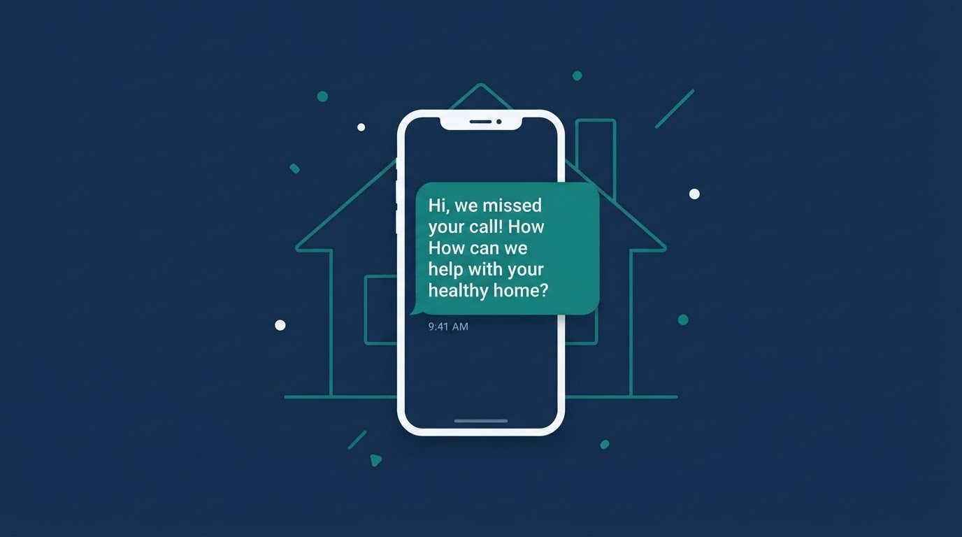 Illustration of a smartphone text message on a navy background, representing missed-call follow-up for healthy-home service companies.