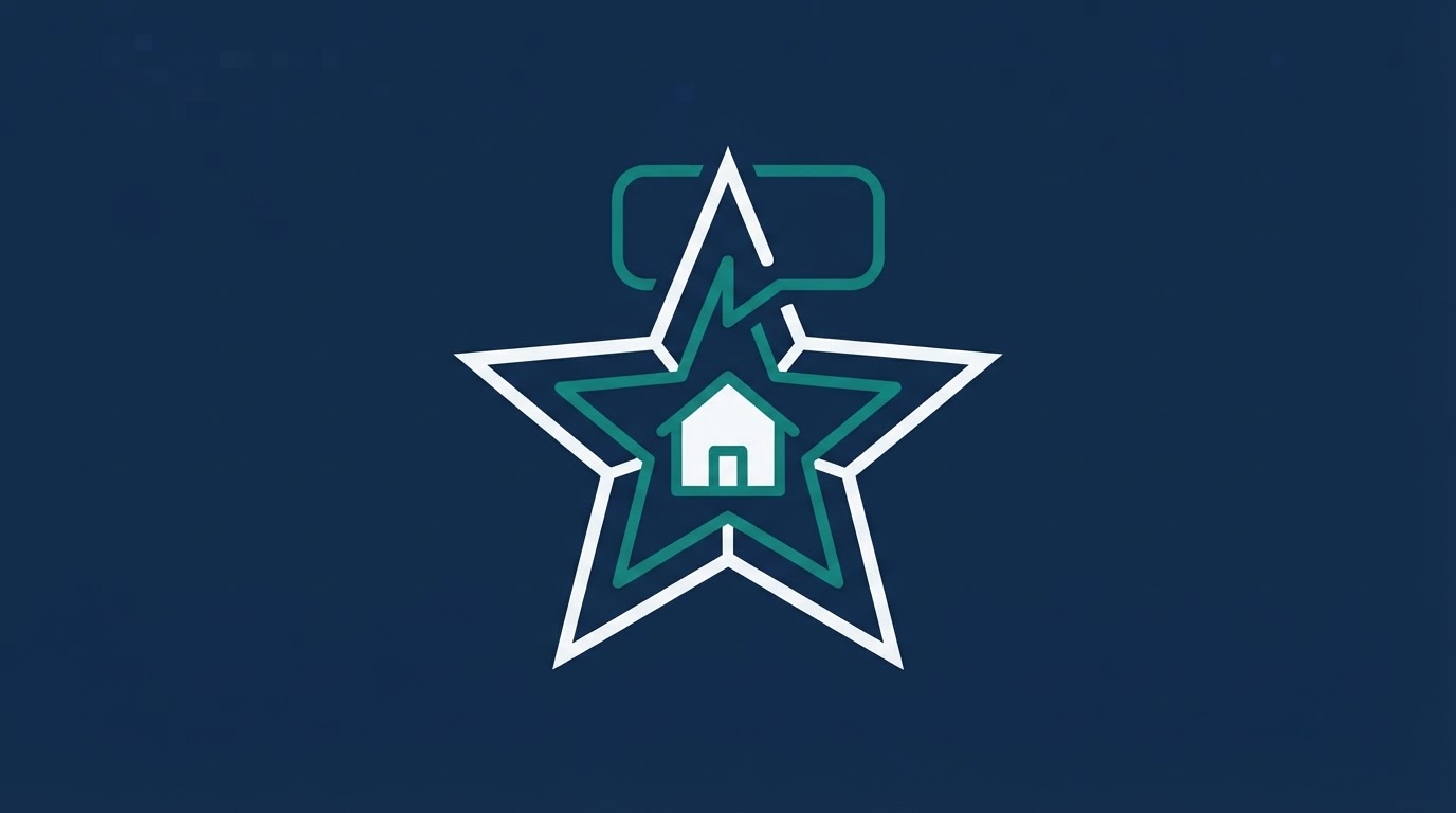 Illustration of a star outline with a feedback bubble and house icon on a navy background, representing honest review requests for healthy-home service companies.