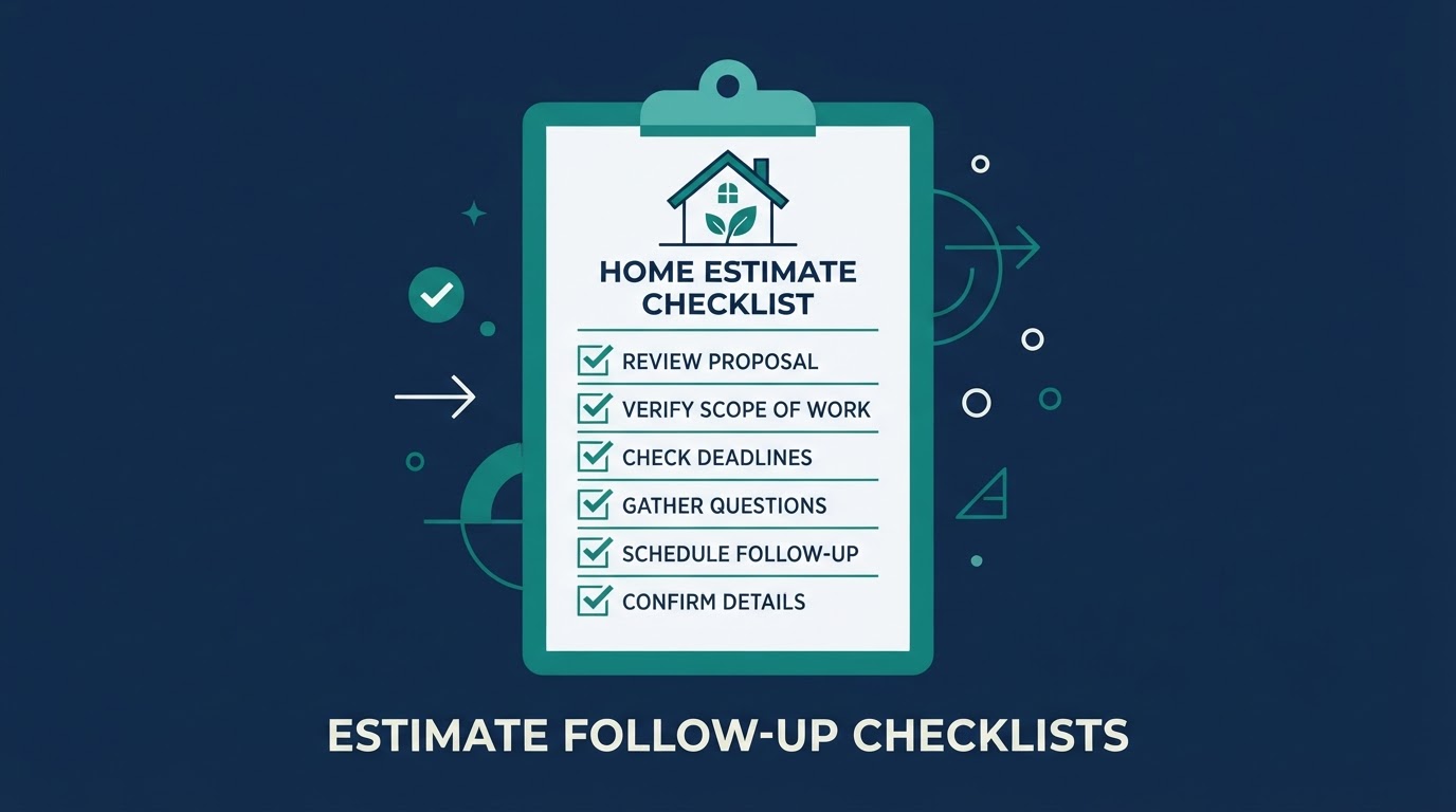 Illustration of a checklist clipboard with a house icon on a navy background, representing estimate follow-up for healthy-home service companies.