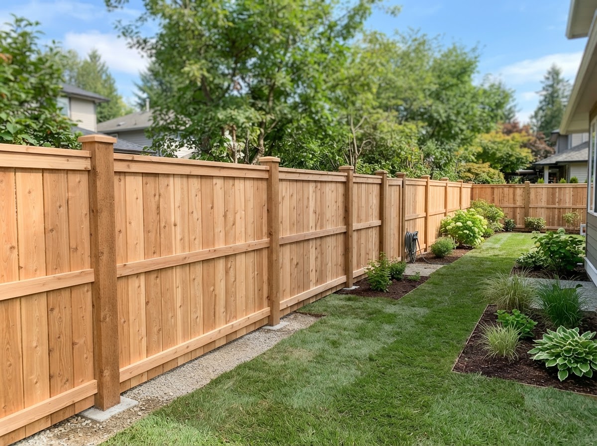 Newly built wooden privacy fence with sturdy posts and straight panels