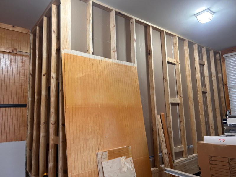 Framing studs and walls for 5 ft by 15 ft pantry addition expansion