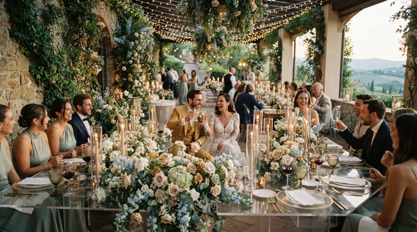 Elegant wedding reception with floral table setting at a boutique event venue