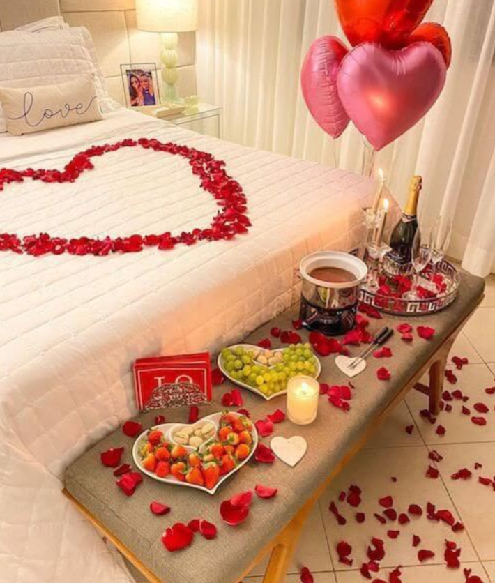 Romantic Fondue & Champagne Suite centerpiece decor by Vibrant Affairs LLC