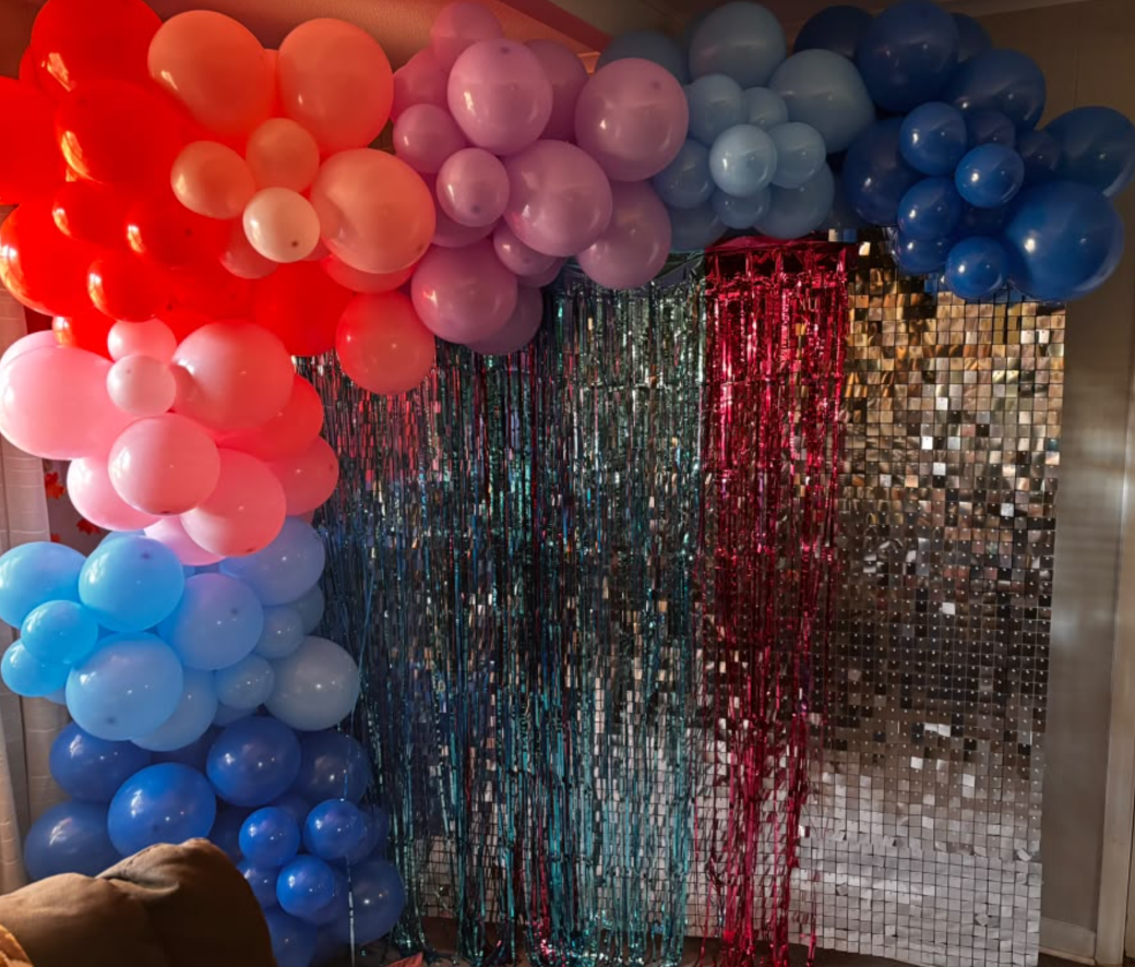 Silver Shimmer & Balloon Wall centerpiece decor by Vibrant Affairs LLC
