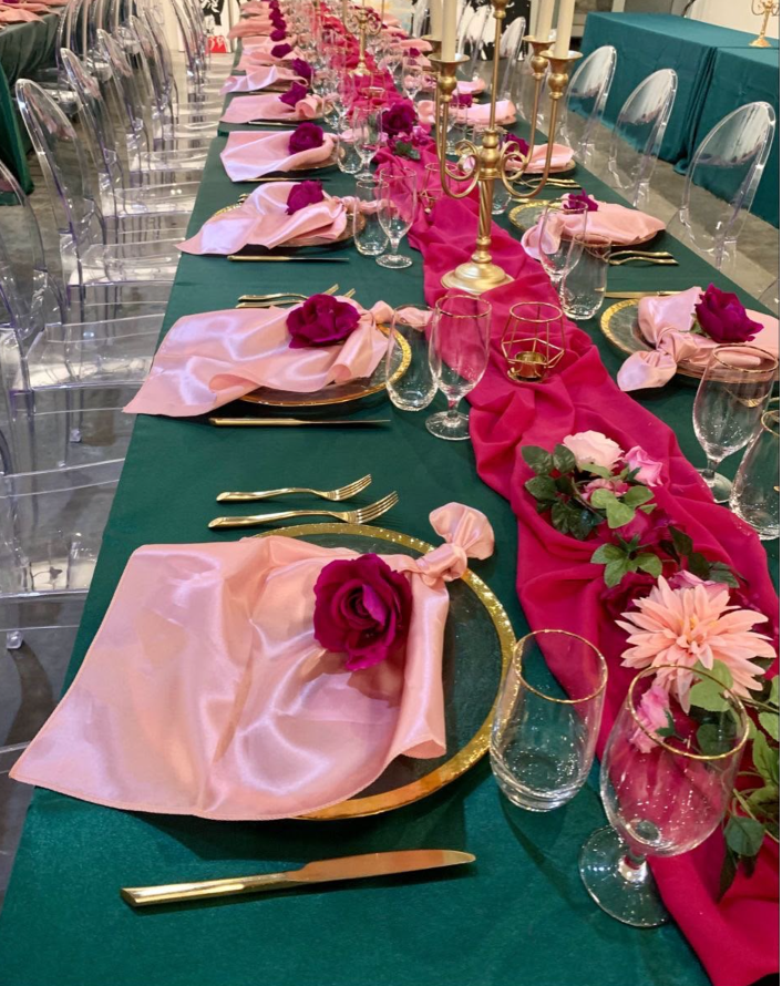 Emerald & Fuchsia Banquet centerpiece decor by Vibrant Affairs LLC