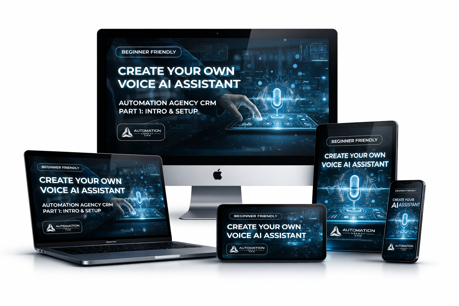 14-Lesson Voice-First AI Assistant course displayed across desktop, laptop, tablet, and mobile devices