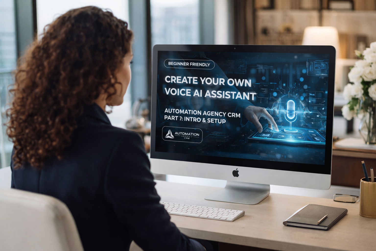 Business professional configuring Voice-First AI Assistant on desktop computer