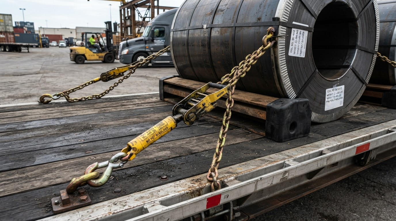 Chain binders and straps securing steel on a flatbed trailer