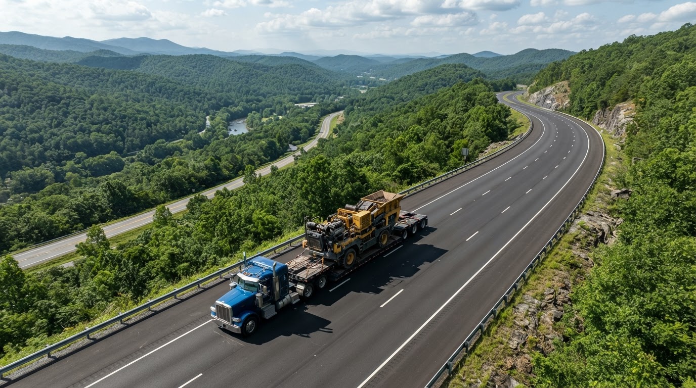 Ridgeway Transport flatbed carrying industrial machinery through Appalachian terrain