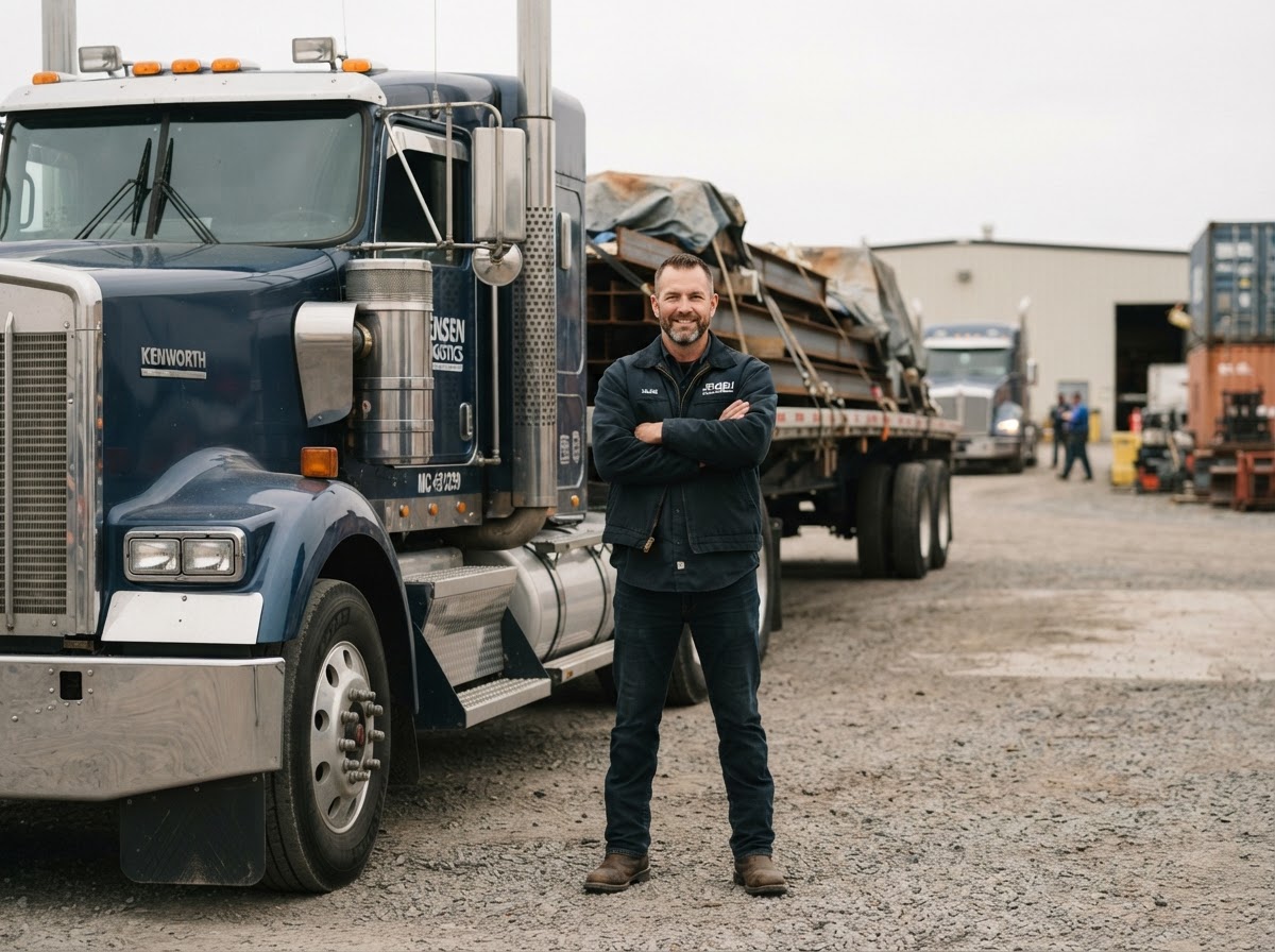 Owner operator standing beside his Class 8 semi tractor