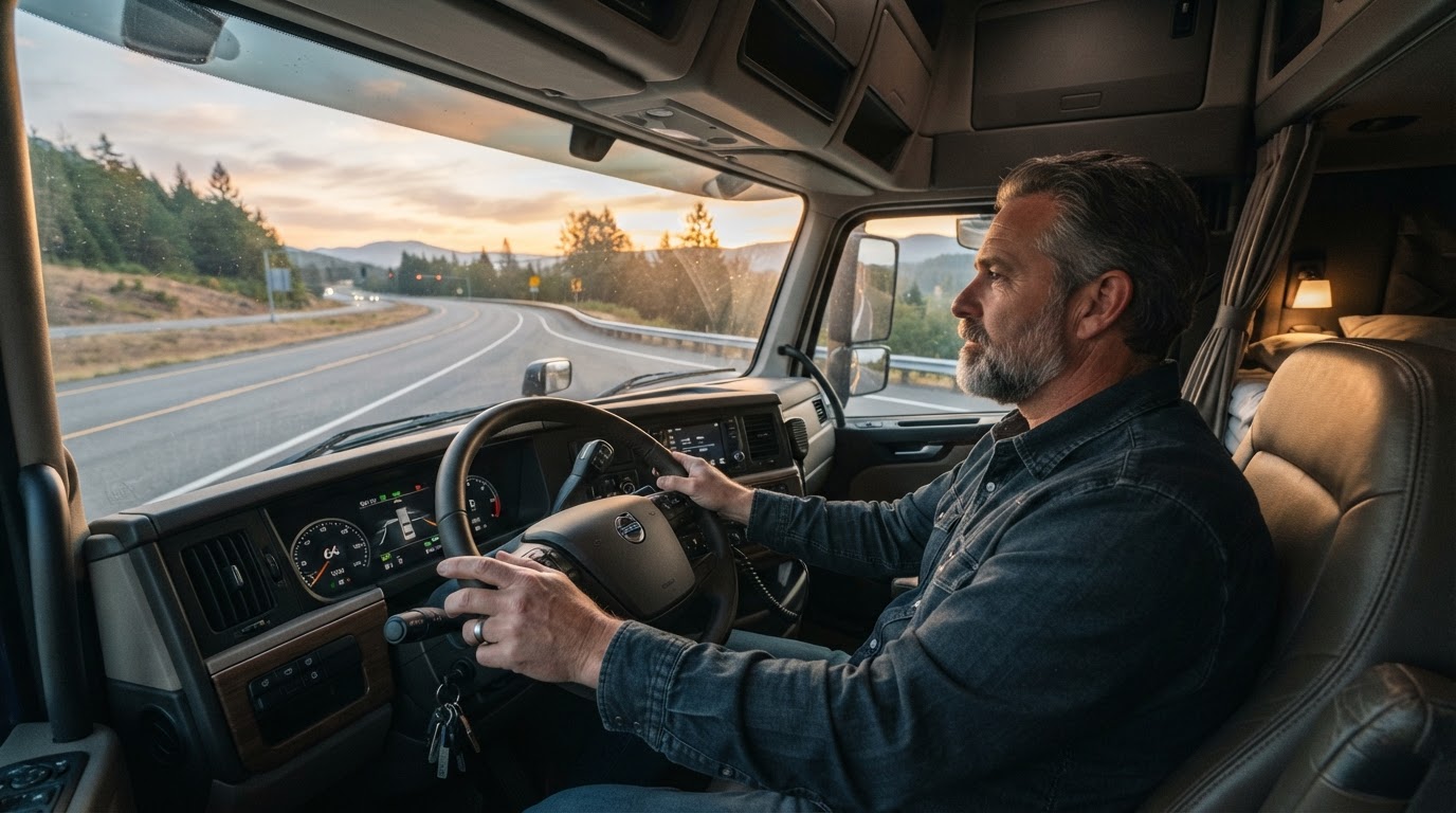 Owner operator behind the wheel at dawn