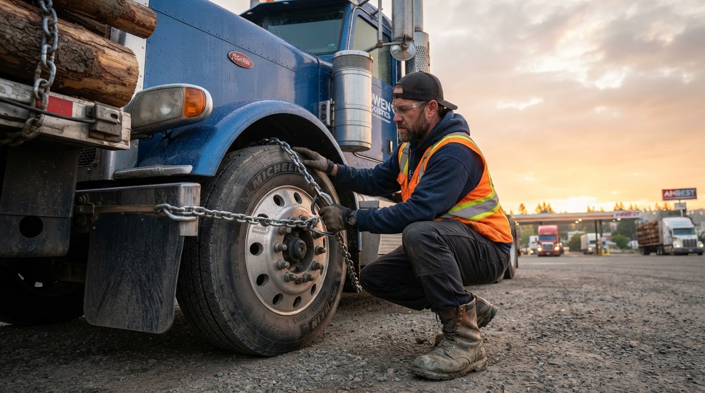 Owner operator performing a pre trip inspection of his Class 8 tractor