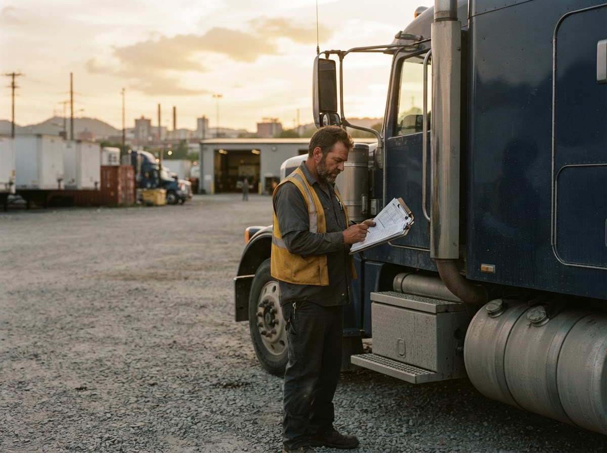 Owner operator reviewing a load plan beside his Class 8 semi tractor at the yard