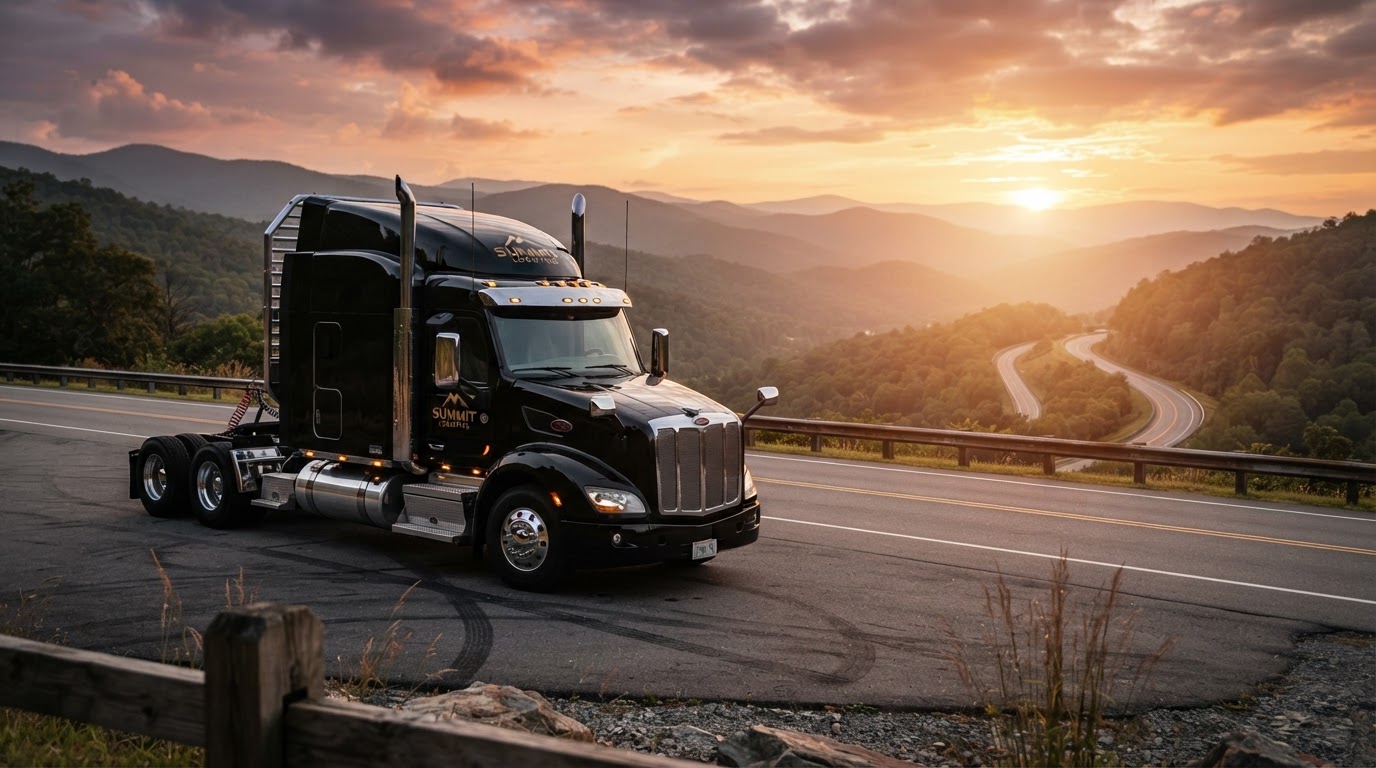 Late model Class 8 sleeper tractor at golden hour on a Tennessee highway