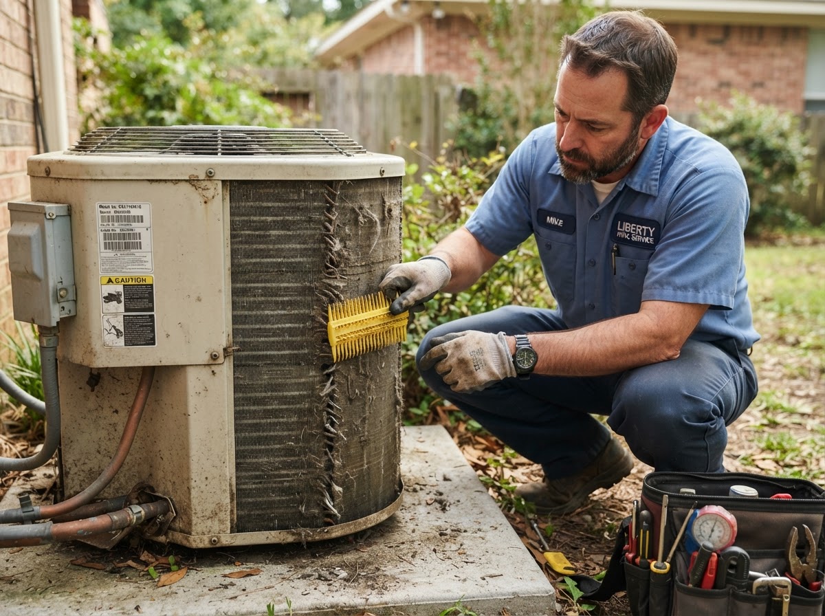HVAC technician performing a maintenance tune-up at a Rio Bravo home