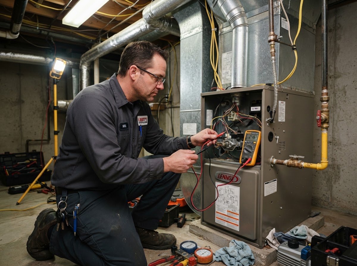 HVAC technician servicing an older AC condenser at an El Cenizo home