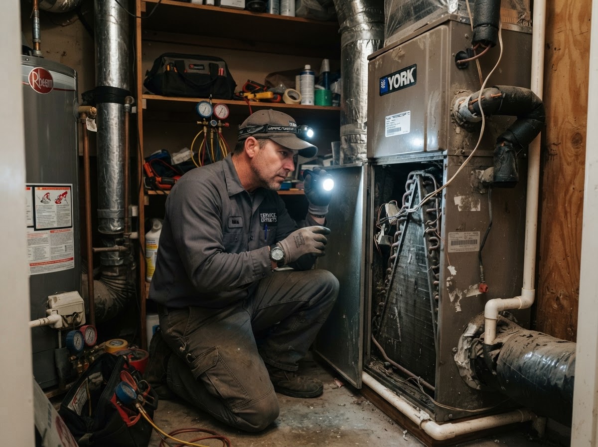 HVAC technician servicing a packaged HVAC unit at a Laredo Ranchettes property