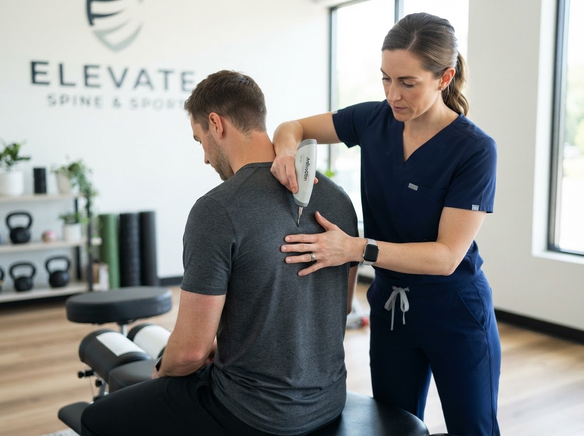A chiropractor holding an ArthroStim instrument-assisted adjusting device during a precise assessment in a modern Fort Mill clinic