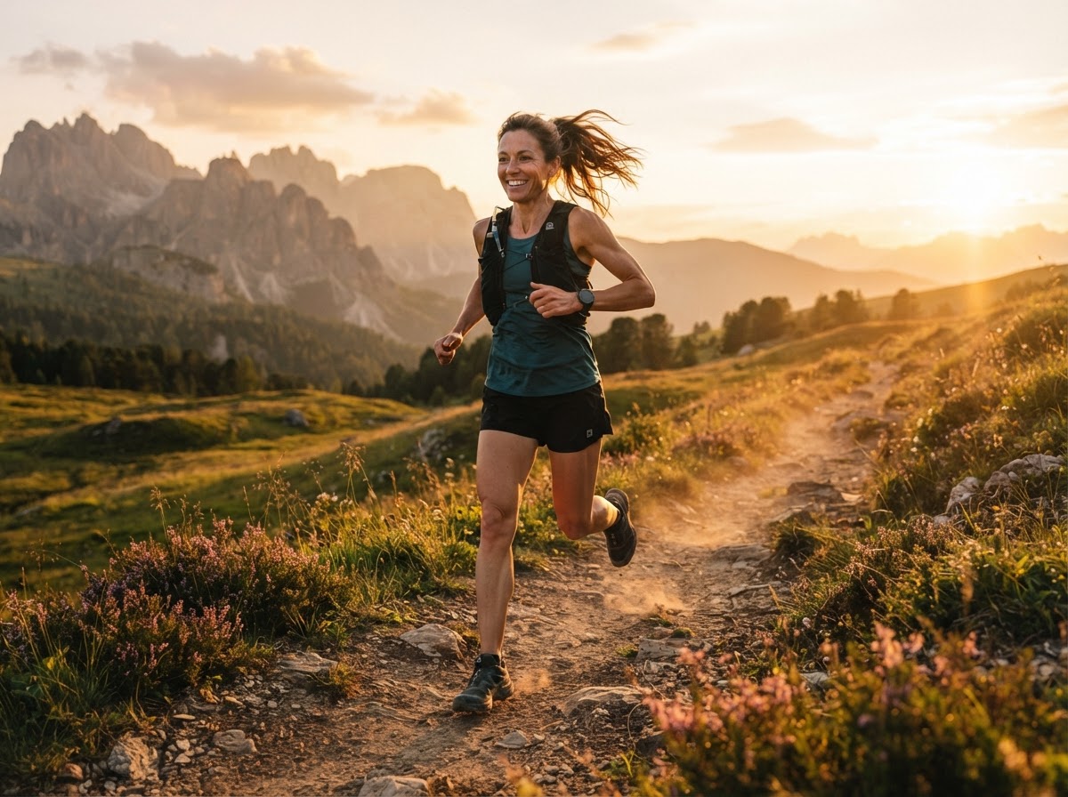 An active adult running on a trail at golden hour