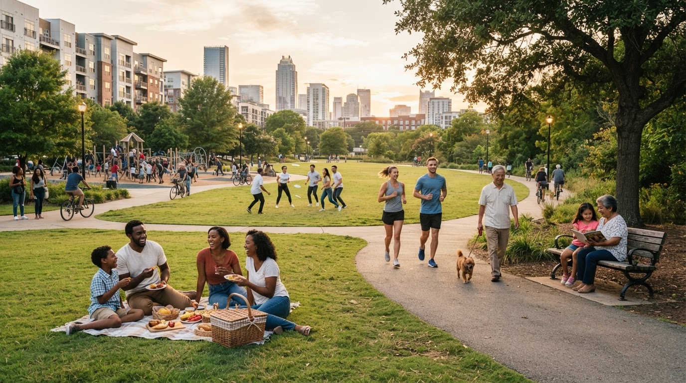 Racially diverse residents enjoying a community park with families, joggers, and the city skyline beyond -- reflecting the community impact of Titan Fidelity Group Corp, Inc