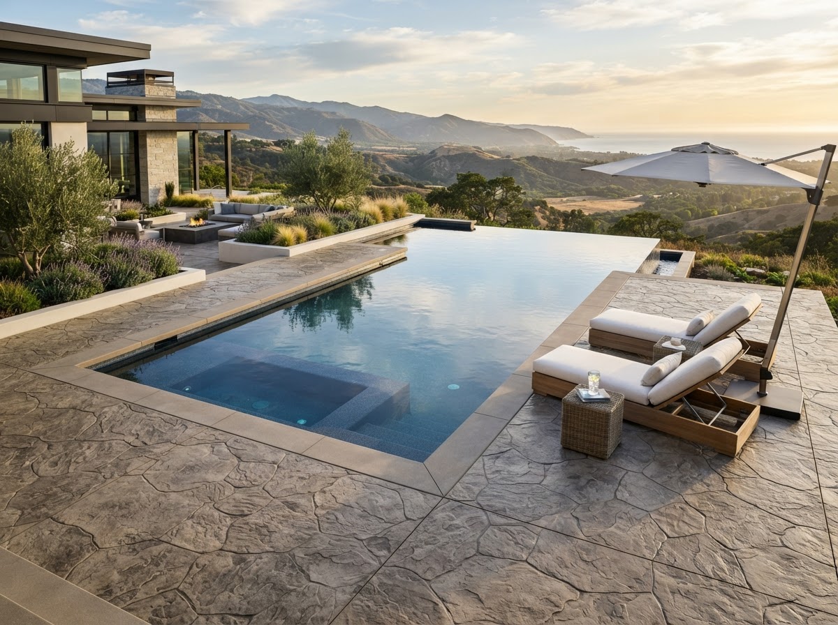 Luxury concrete pool deck with coping