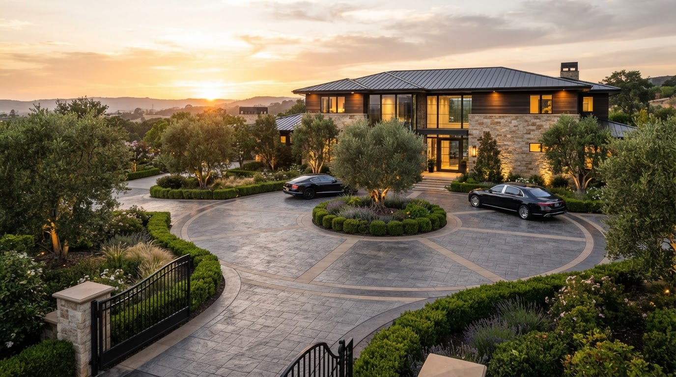 Luxury stamped decorative concrete motor court and driveway in front of an upscale home
