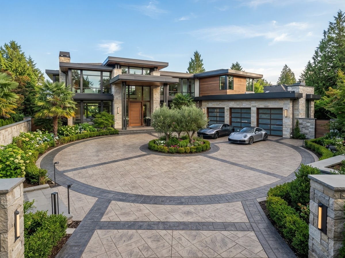 Stamped concrete motor court at an estate entrance