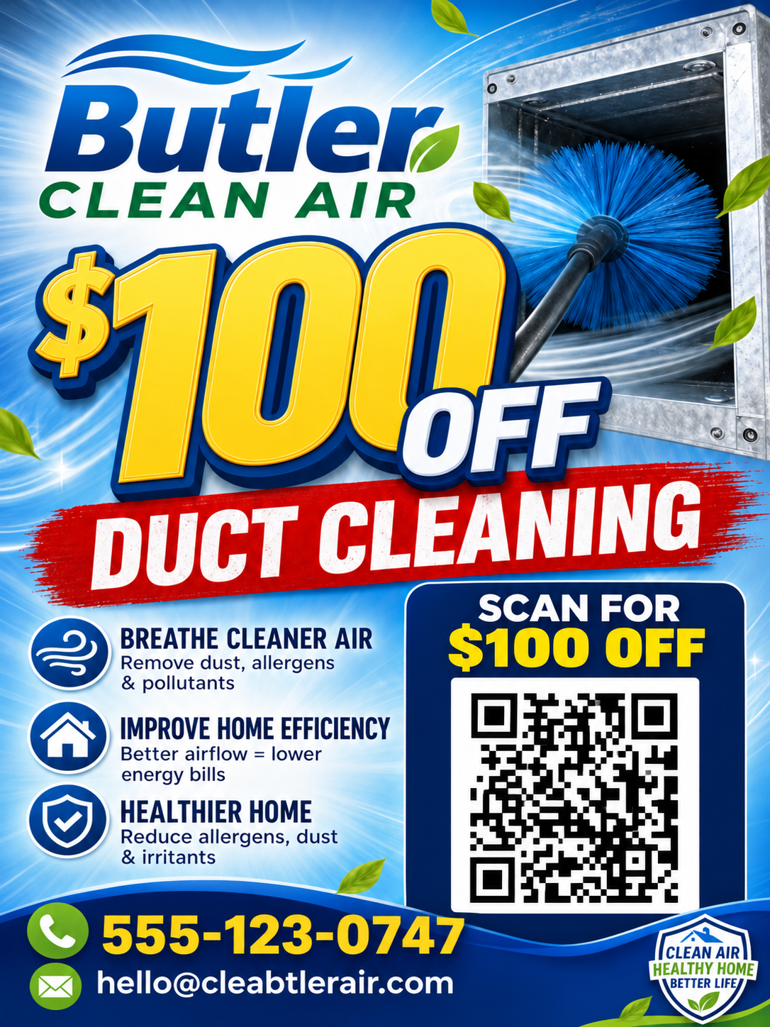Butler Clean Air illustrative sample advertisement showing $100 off duct cleaning offer in vertical standard format