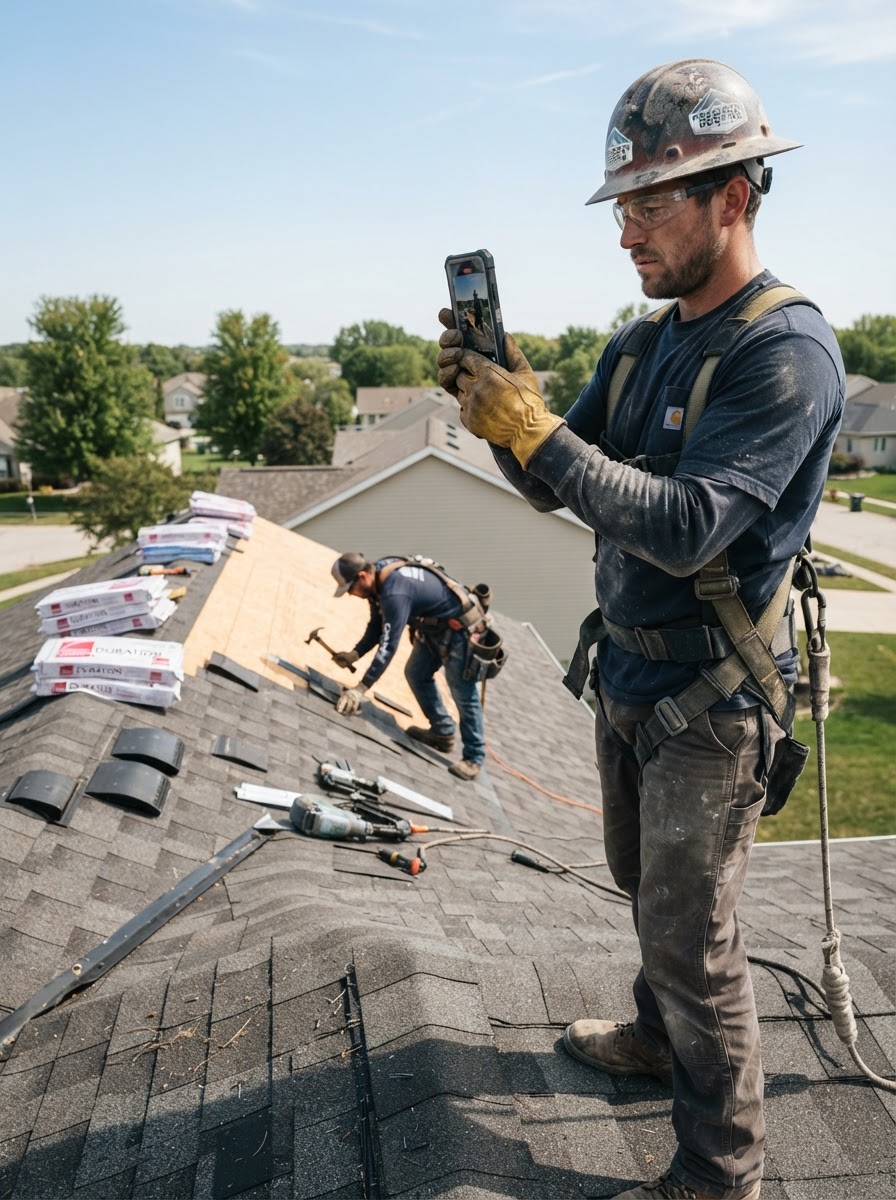 Roofing contractor filming authentic phone video content on a residential rooftop