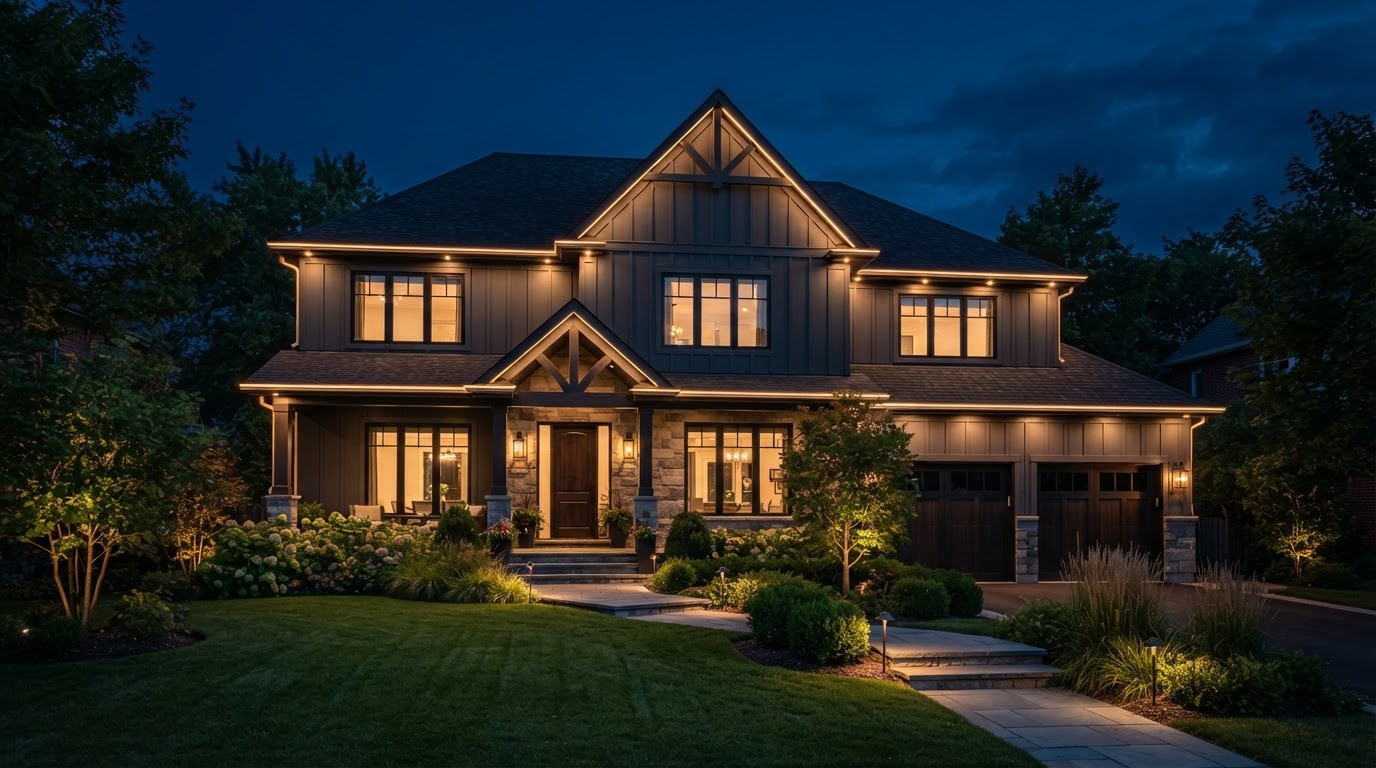 Central Illinois home with custom roofline lighting installed at dusk by RetroFlow