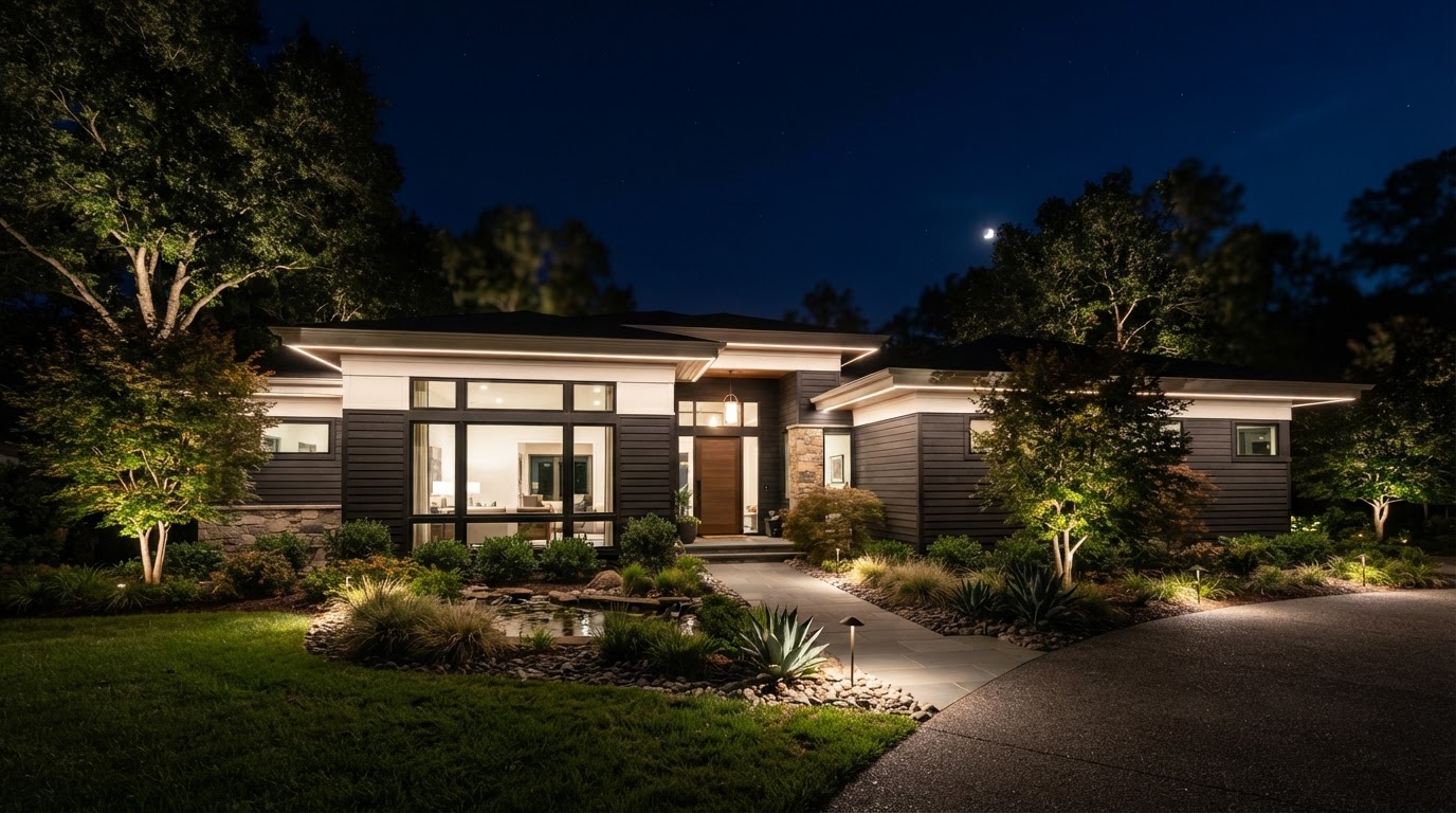 Permanent roofline lighting on a Central Illinois home at dusk