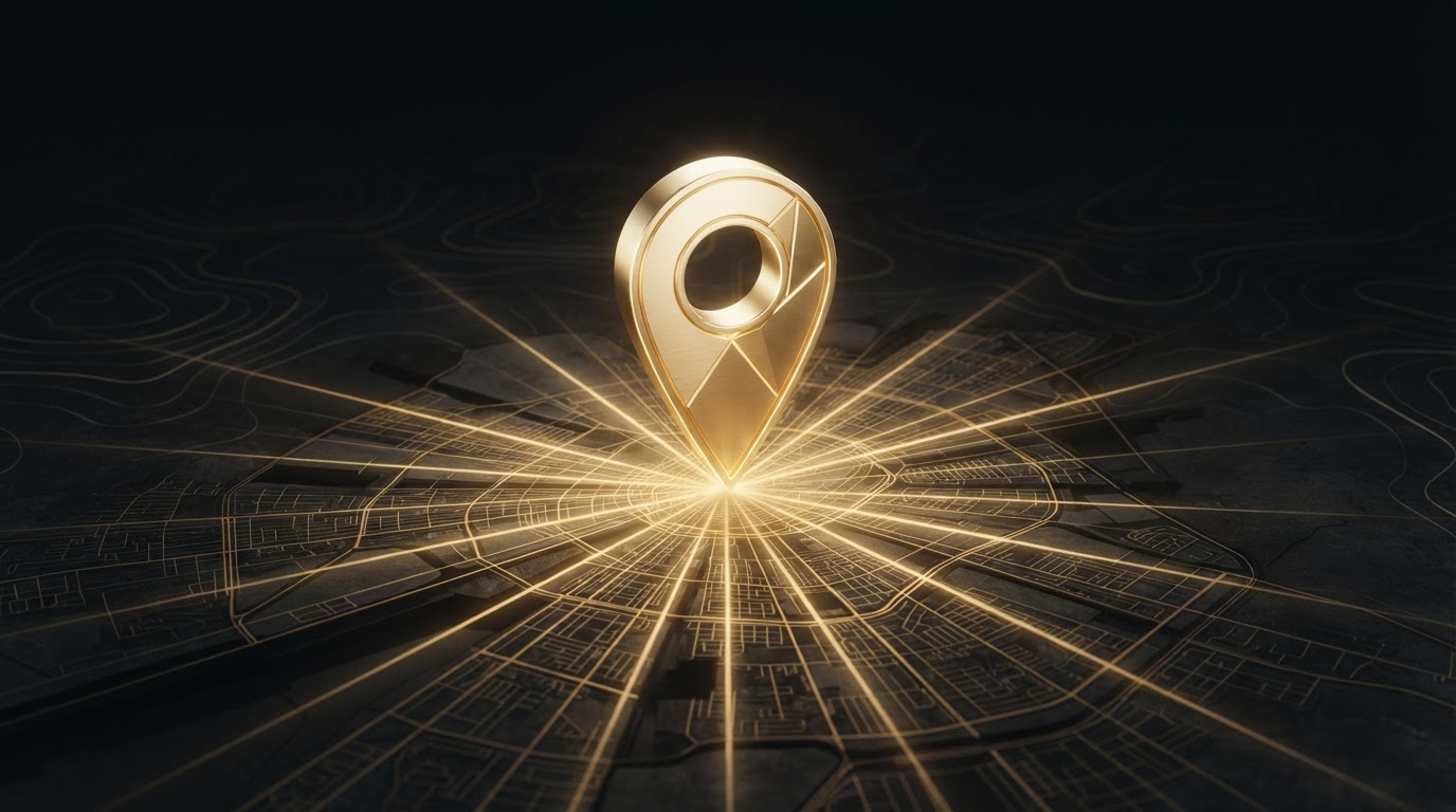 A golden location pin rising above a dark city map grid, symbolizing Google Maps visibility and business growth