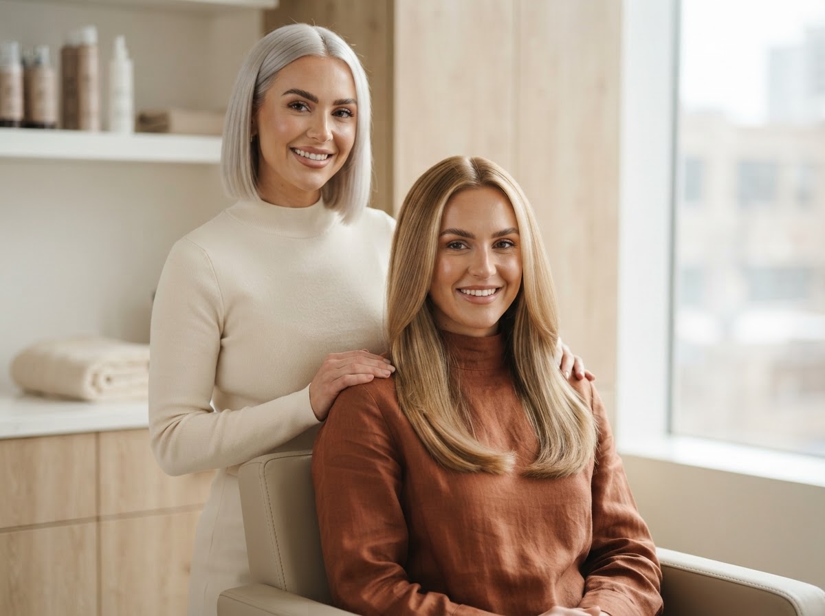 Stylist finishing a client's glossy blowout in a luxury salon
