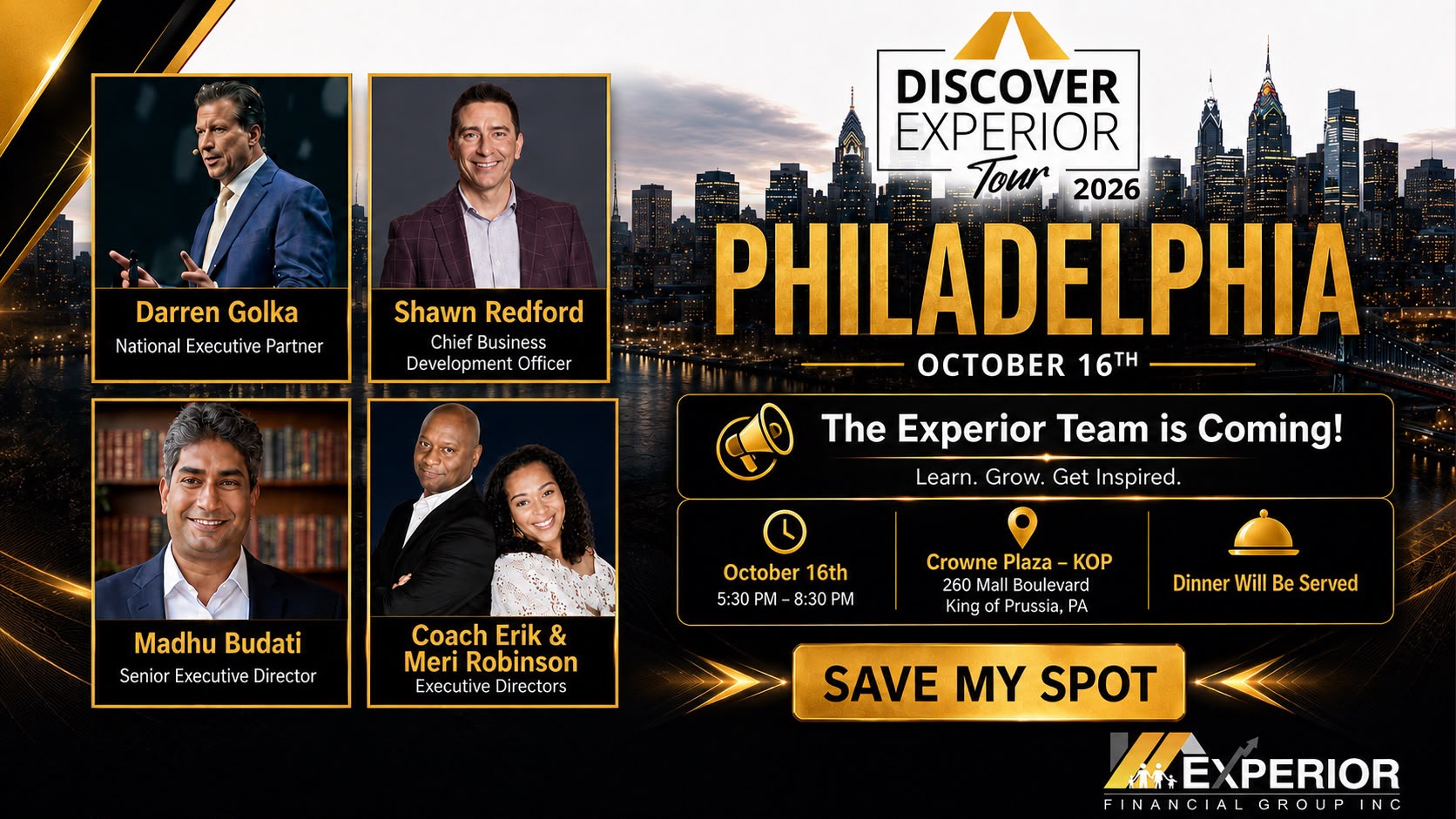 Official flyer for Discover Experior Tour 2026 Philadelphia featuring Darren Golka, Shawn Redford, Madhu Budati, and Coach Erik & Meri Robinson