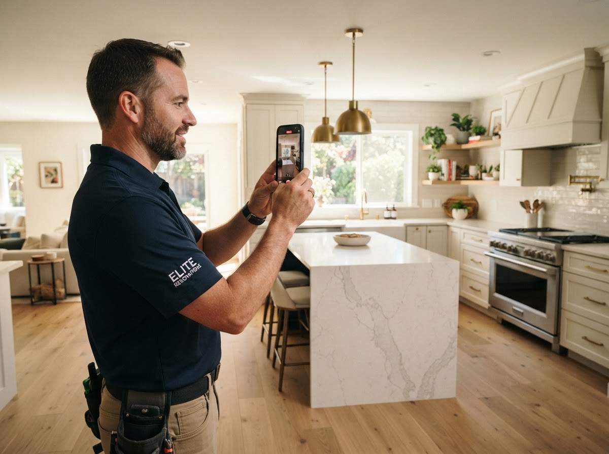 Contractor filming authentic phone video content on a job site