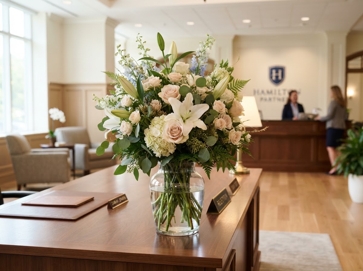 Elegant corporate flower arrangement on an office reception desk