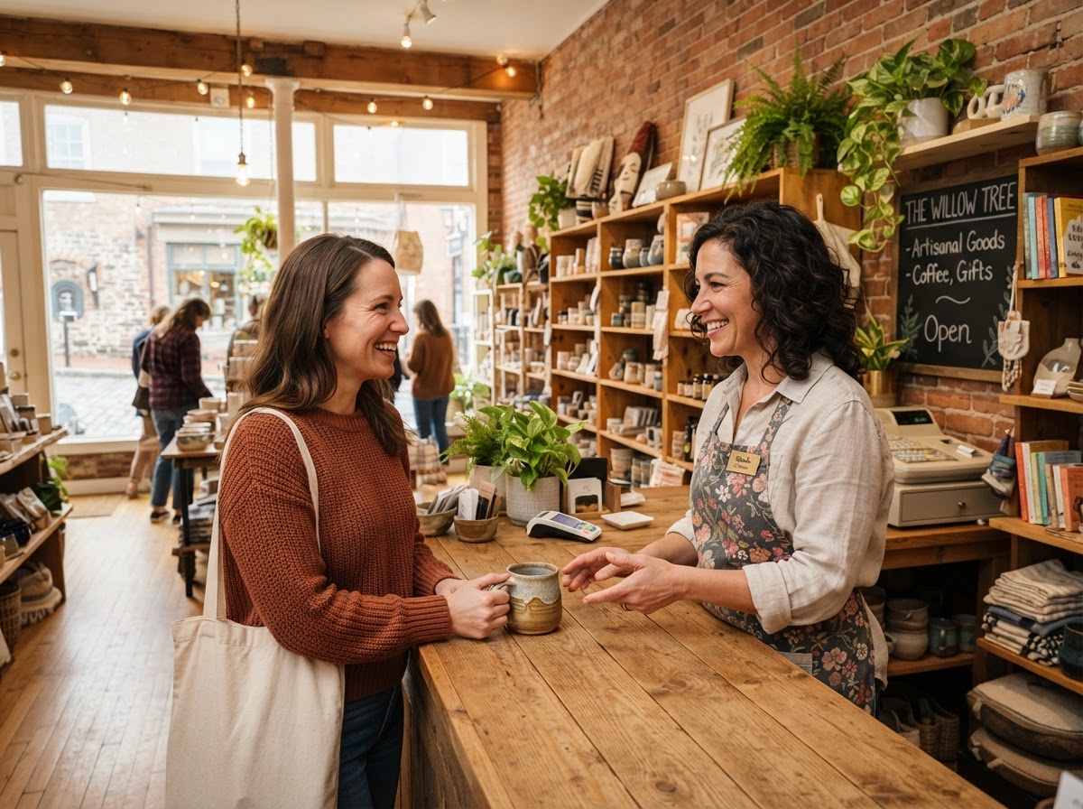 Happy customer being welcomed into a local small business