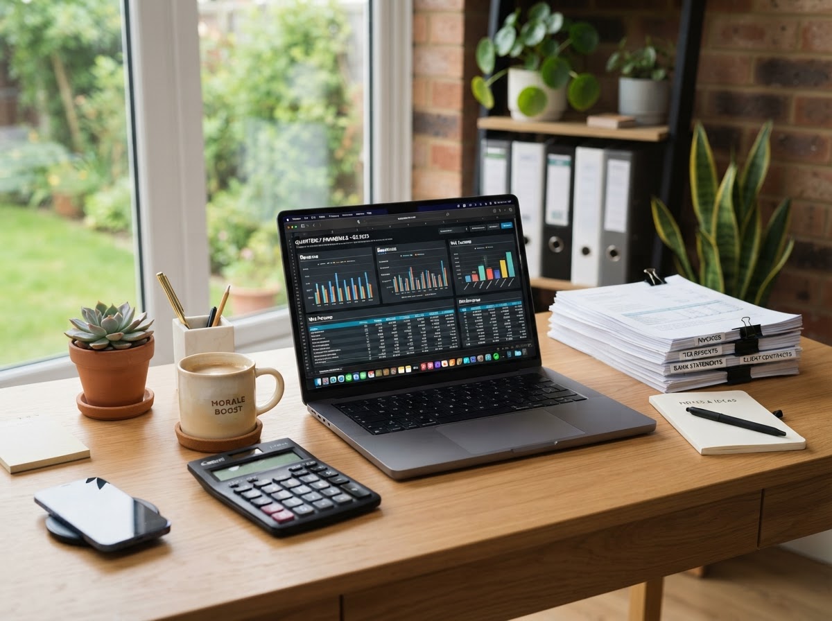 Organized small business financial workspace with laptop and records