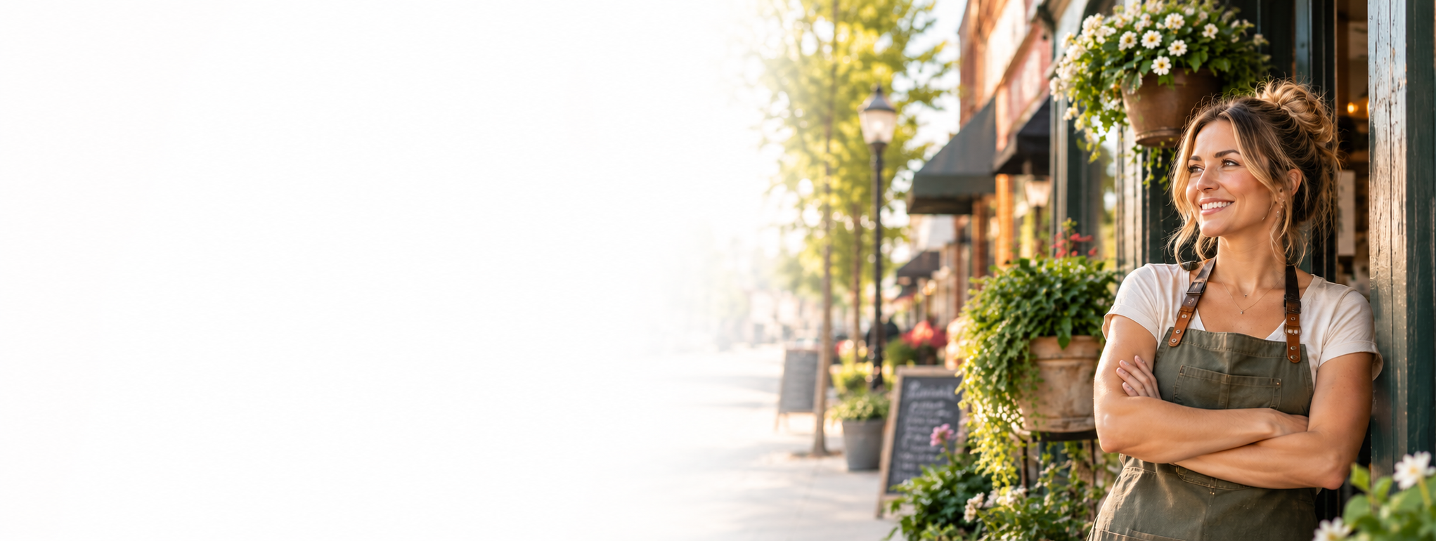 Smiling small business owner standing outside her downtown storefront