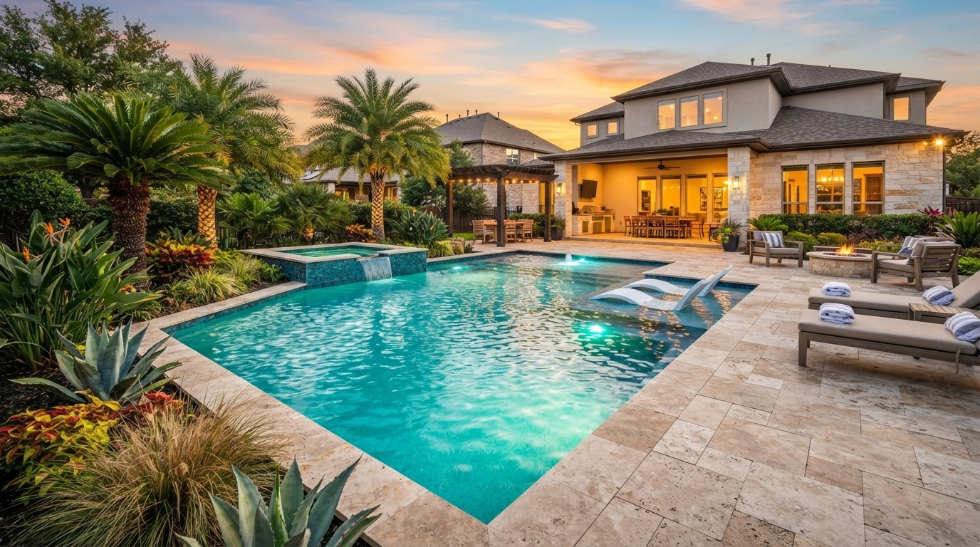 Luxury custom inground pool in a Dallas backyard at golden hour