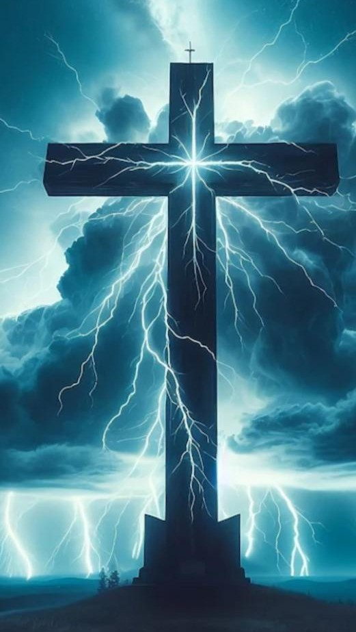 Illuminated cross with lightning strikes against storm clouds